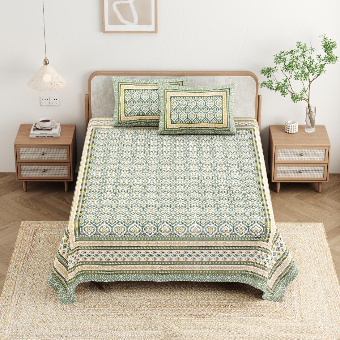Cotton Jaipuri Diwan Size  Bedsheet With 2 Zipper Pillow Cover (Size 70*100)