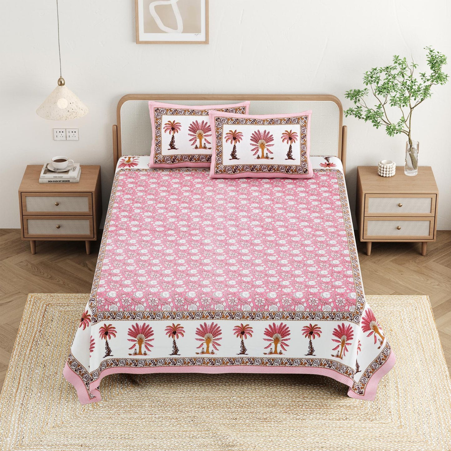 Cotton Jaipuri Diwan Size  Bedsheet With 2 Zipper Pillow Cover (Size 70*100)