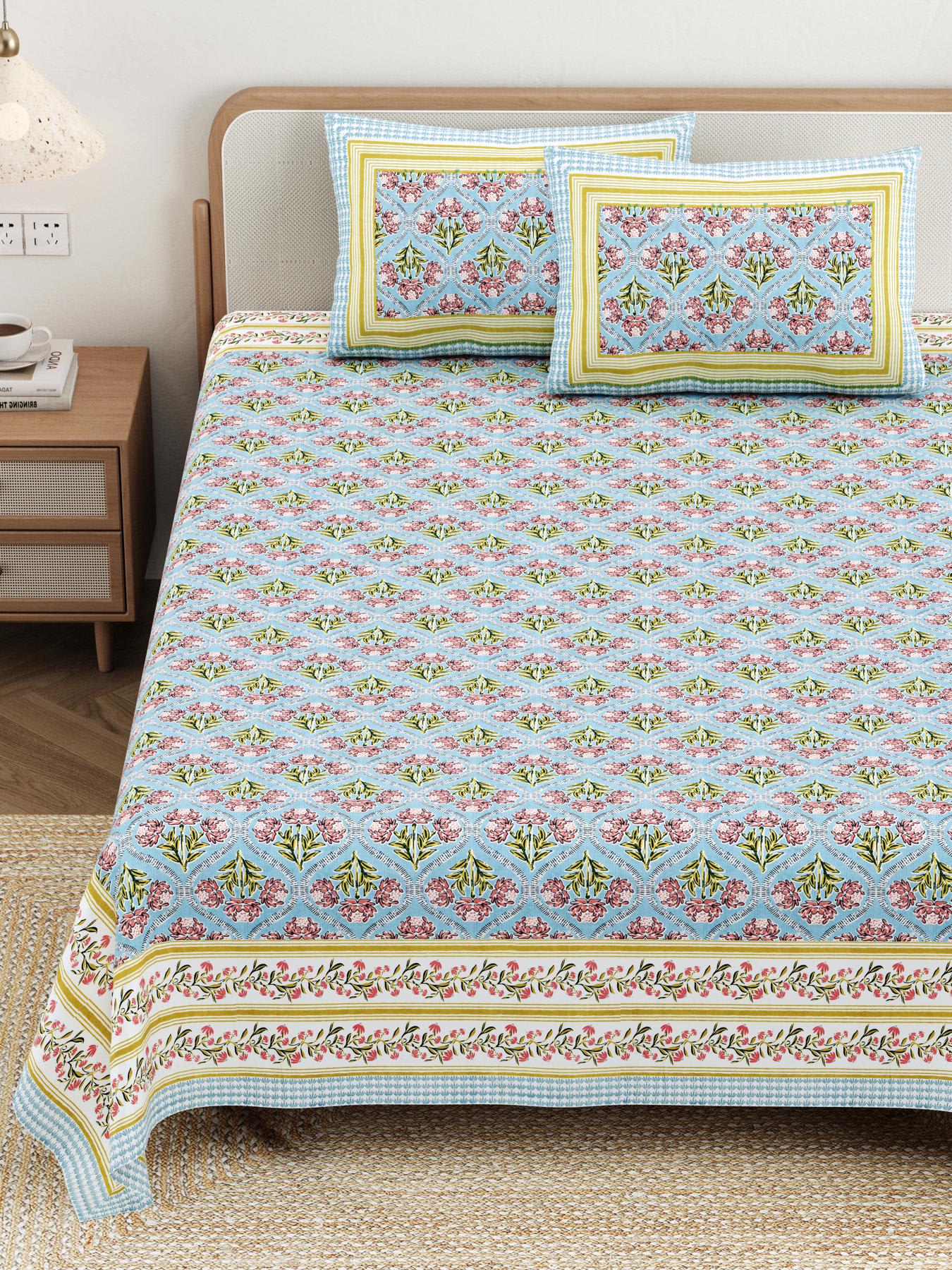 Cotton Jaipuri Diwan Size  Bedsheet With 2 Zipper Pillow Cover (Size 70*100)
