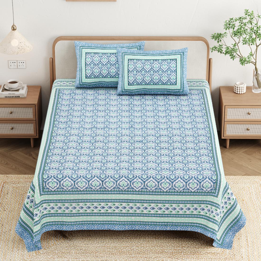 Cotton Jaipuri Diwan Size  Bedsheet With 2 Zipper Pillow Cover (Size 70*100)