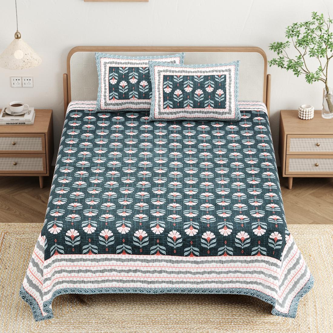 Cotton Jaipuri Diwan Size  Bedsheet With 2 Zipper Pillow Cover (Size 70*100)