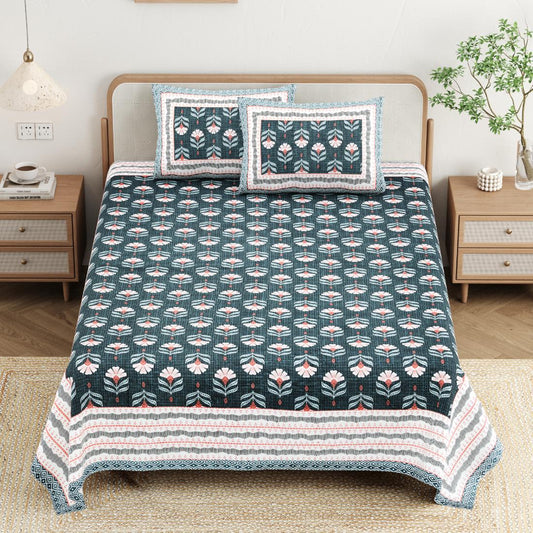 Cotton Jaipuri Diwan Size  Bedsheet With 2 Zipper Pillow Cover (Size 70*100)