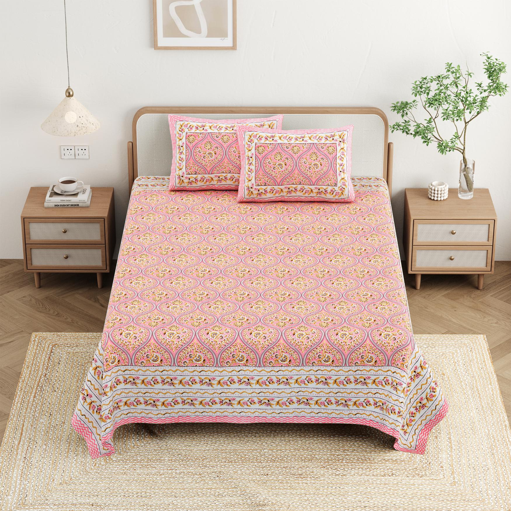 Cotton Jaipuri Diwan Size  Bedsheet With 2 Zipper Pillow Cover (Size 70*100)
