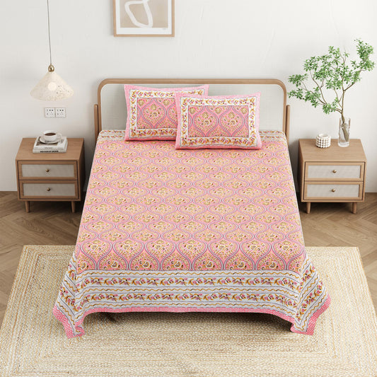 Cotton Jaipuri Diwan Size  Bedsheet With 2 Zipper Pillow Cover (Size 70*100)