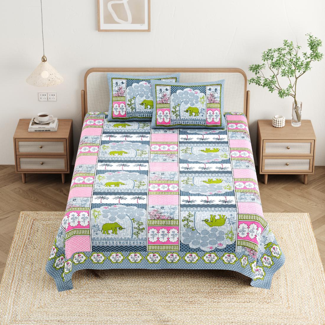 Cotton Jaipuri Diwan Size  Bedsheet With 2 Zipper Pillow Cover (Size 70*100)