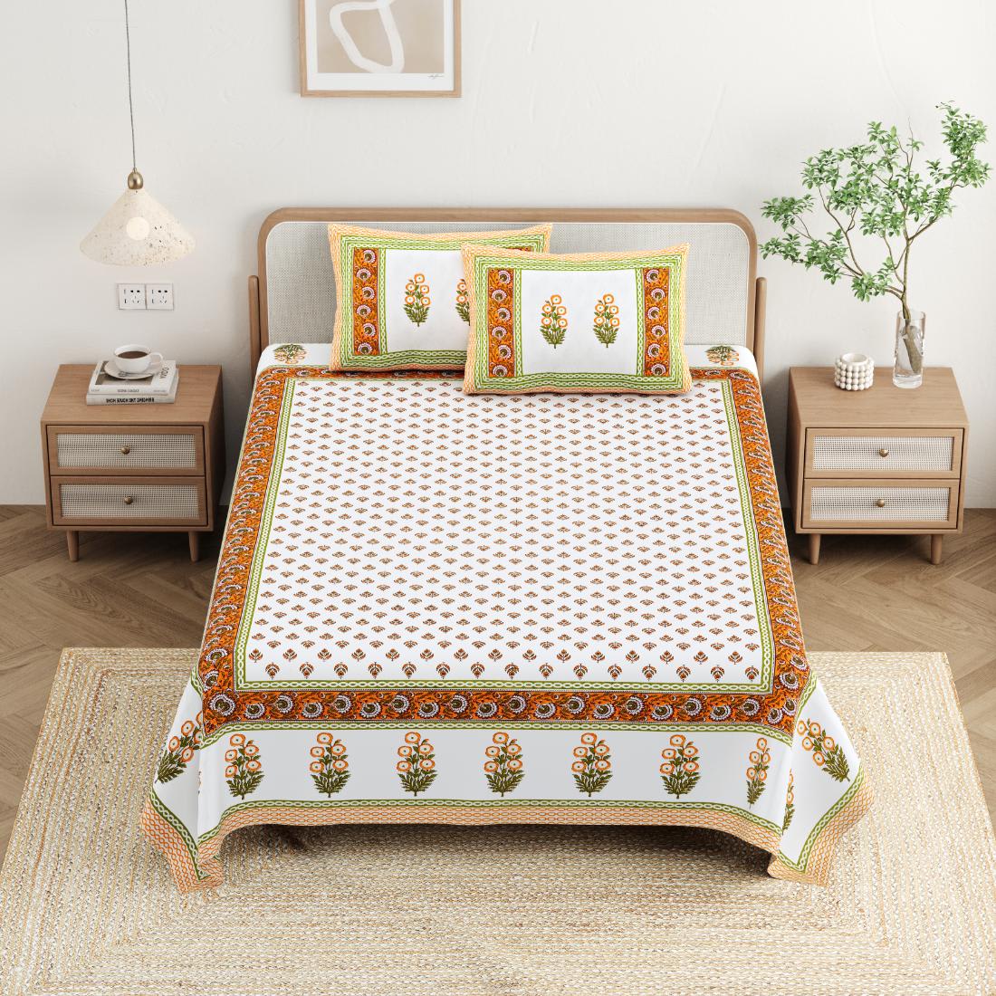 Cotton Jaipuri Diwan Size  Bedsheet With 2 Zipper Pillow Cover (Size 70*100)
