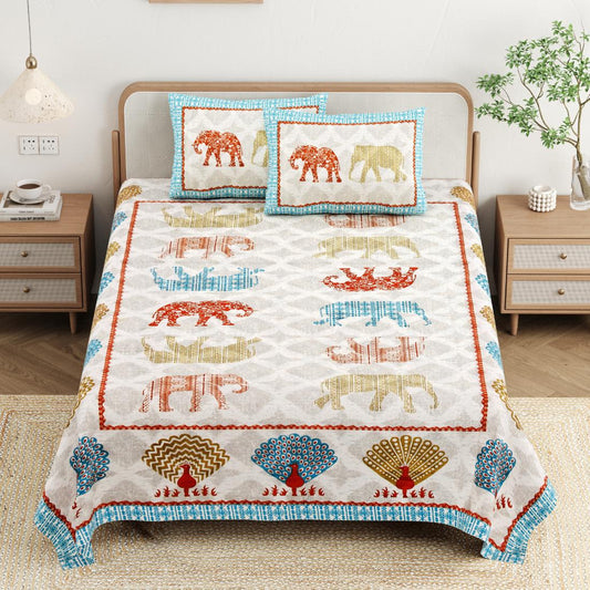 Cotton Jaipuri Diwan Size  Bedsheet With 2 Zipper Pillow Cover (Size 70*100)
