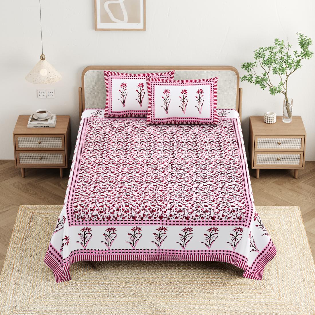 Cotton Jaipuri Diwan Size  Bedsheet With 2 Zipper Pillow Cover (Size 70*100)