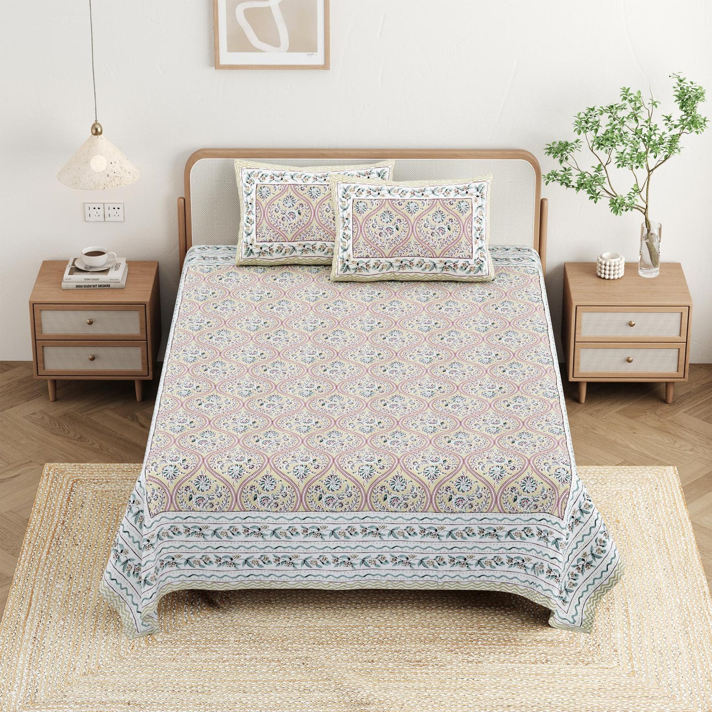 Cotton Jaipuri Diwan Size  Bedsheet With 2 Zipper Pillow Cover (Size 70*100)