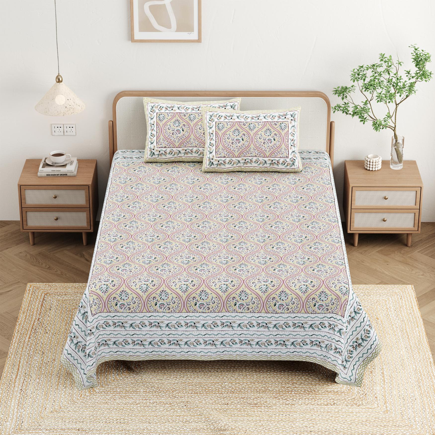 Cotton Jaipuri Diwan Size  Bedsheet With 2 Zipper Pillow Cover (Size 70*100)