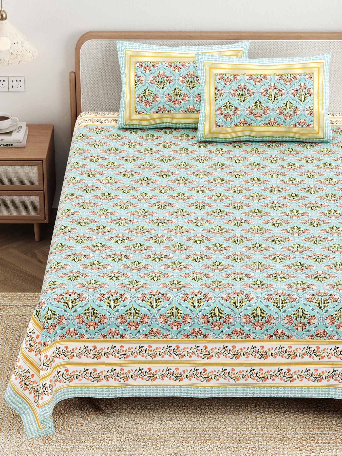 Cotton Jaipuri Diwan Size  Bedsheet With 2 Zipper Pillow Cover (Size 70*100)