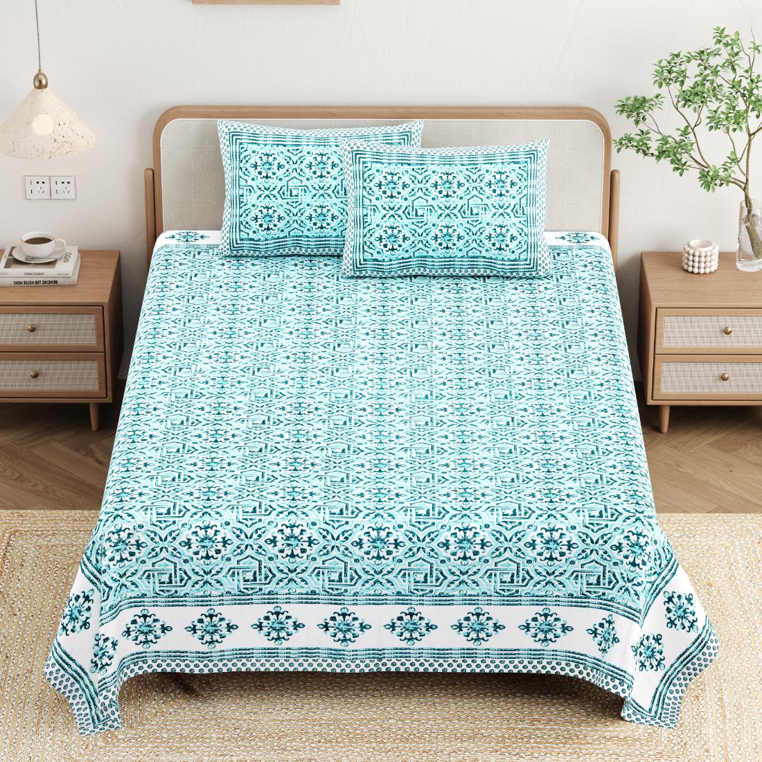 Cotton Jaipuri Diwan Size  Bedsheet With 2 Zipper Pillow Cover (Size 70*100)