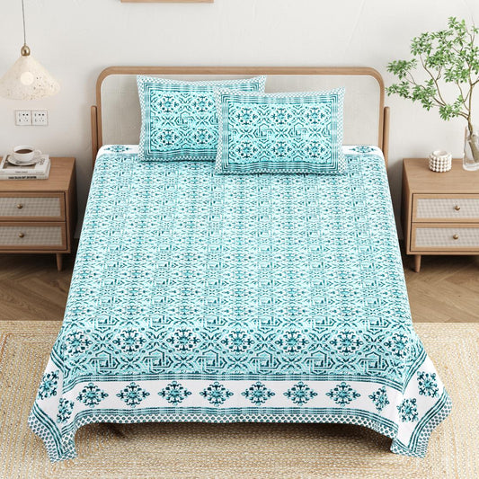 Cotton Jaipuri Diwan Size  Bedsheet With 2 Zipper Pillow Cover (Size 70*100)