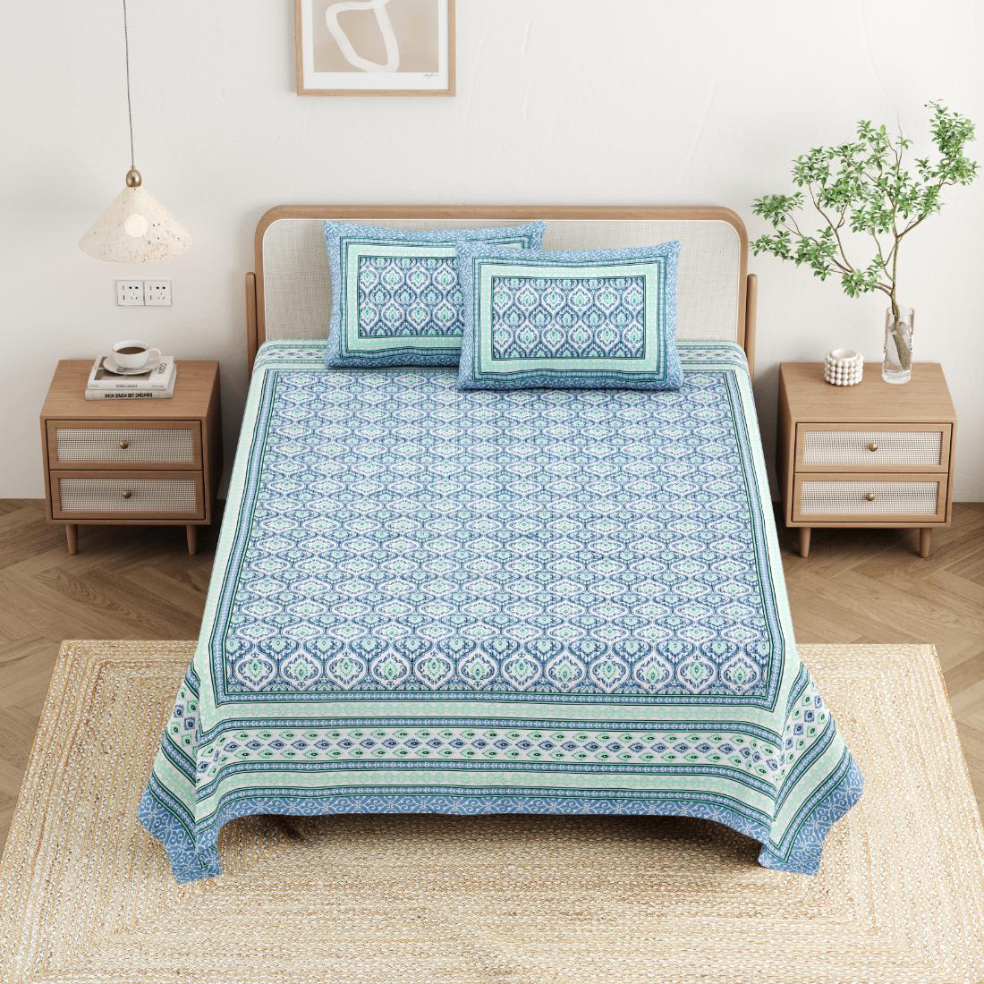 Cotton Jaipuri Diwan Size  Bedsheet With 2 Zipper Pillow Cover (Size 70*100)
