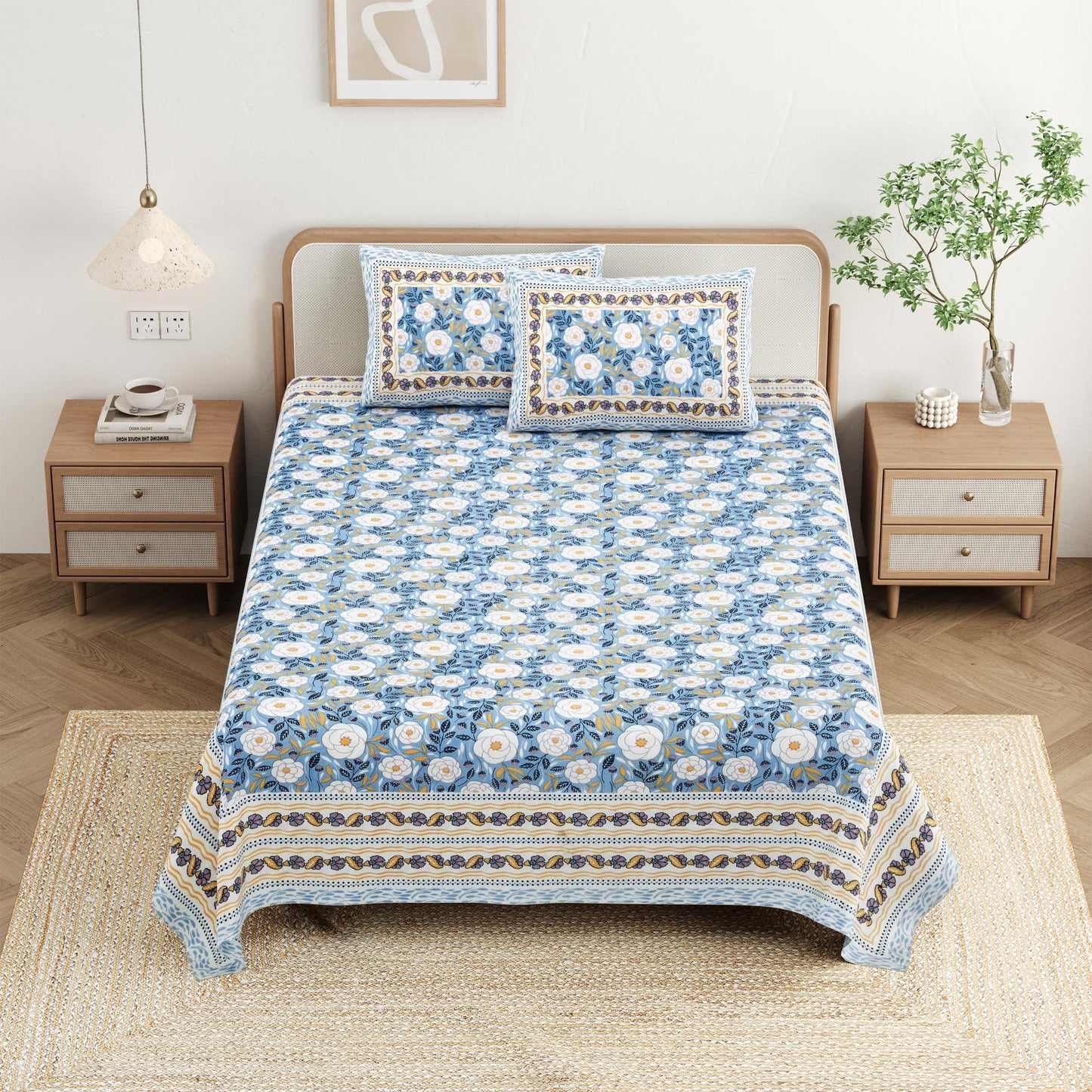 Cotton Jaipuri Diwan Size  Bedsheet With 2 Zipper Pillow Cover (Size 70*100)