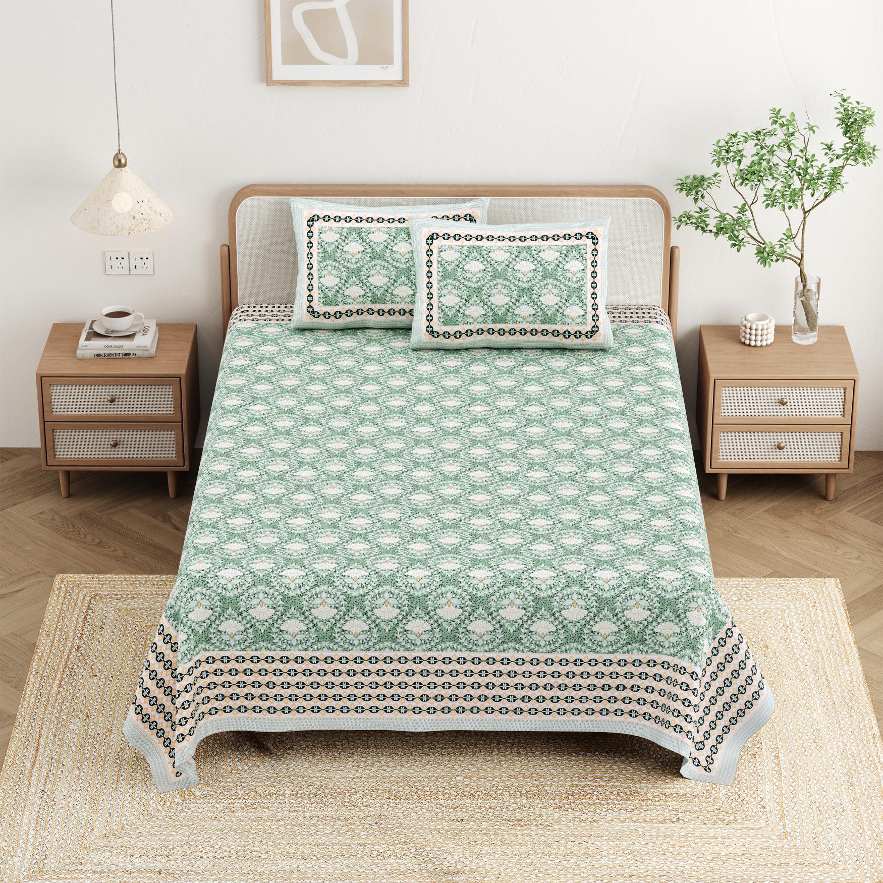 Cotton Jaipuri Diwan Size  Bedsheet With 2 Zipper Pillow Cover (Size 70*100)