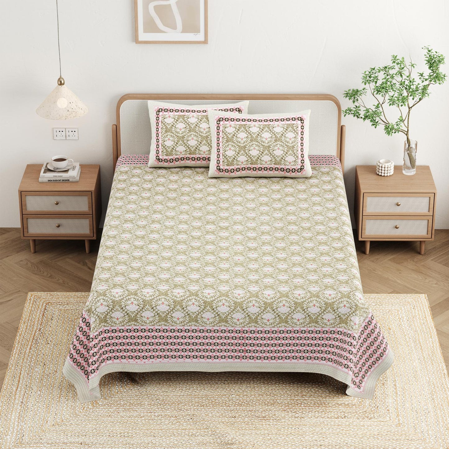 Cotton Jaipuri Diwan Size  Bedsheet With 2 Zipper Pillow Cover (Size 70*100)