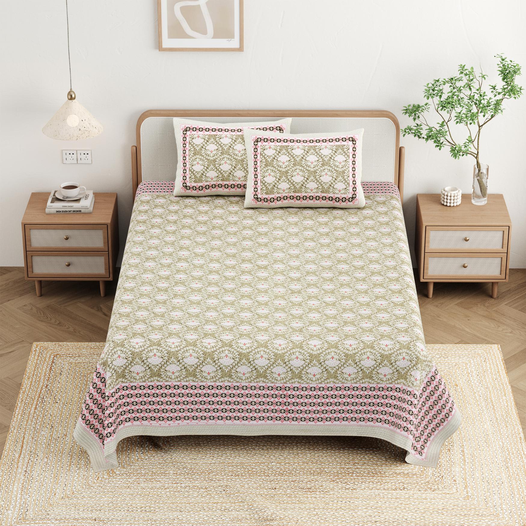 Cotton Jaipuri Diwan Size  Bedsheet With 2 Zipper Pillow Cover (Size 70*100)