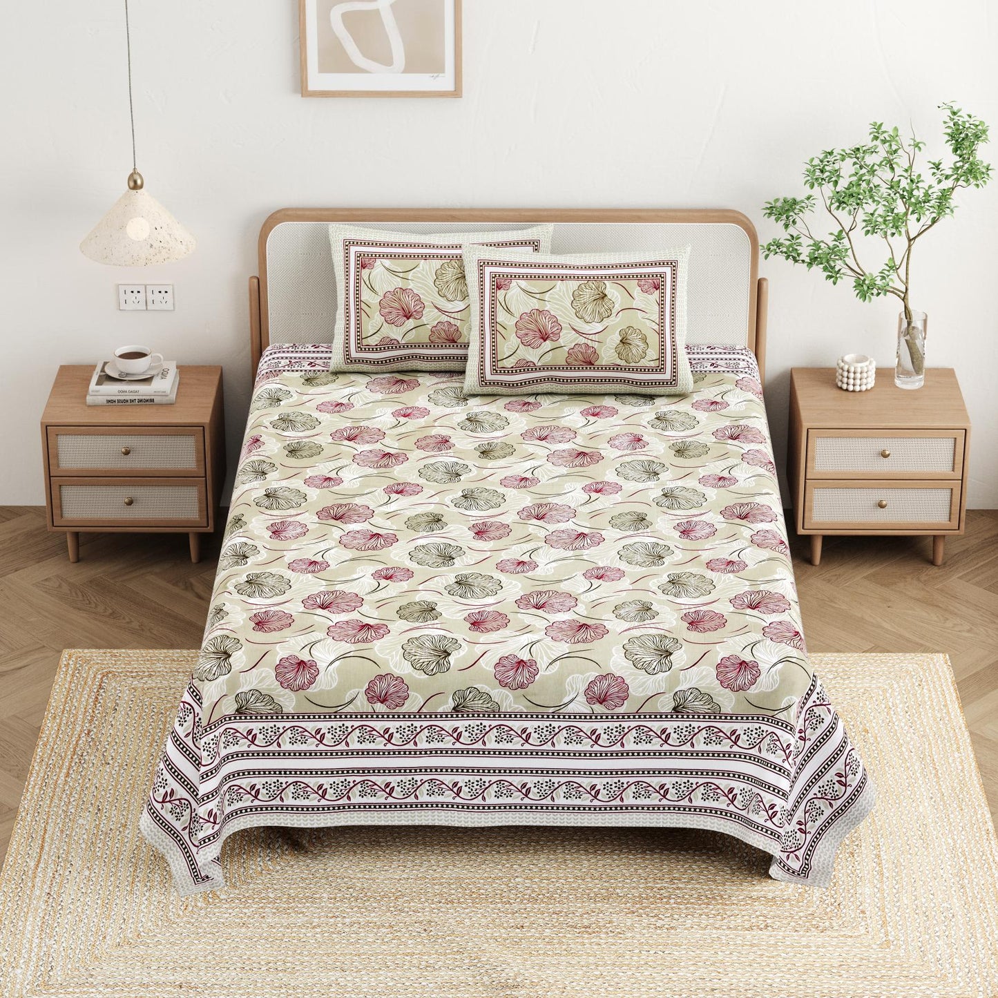Cotton Jaipuri Diwan Size  Bedsheet With 2 Zipper Pillow Cover (Size 70*100)