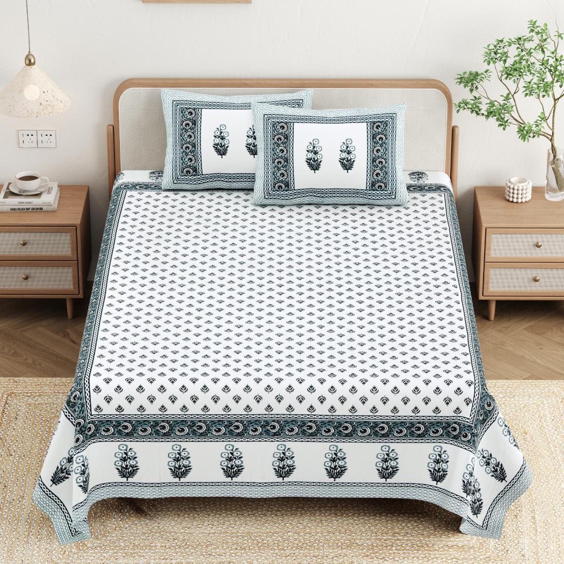 Cotton Jaipuri Diwan Size  Bedsheet With 2 Zipper Pillow Cover (Size 70*100)