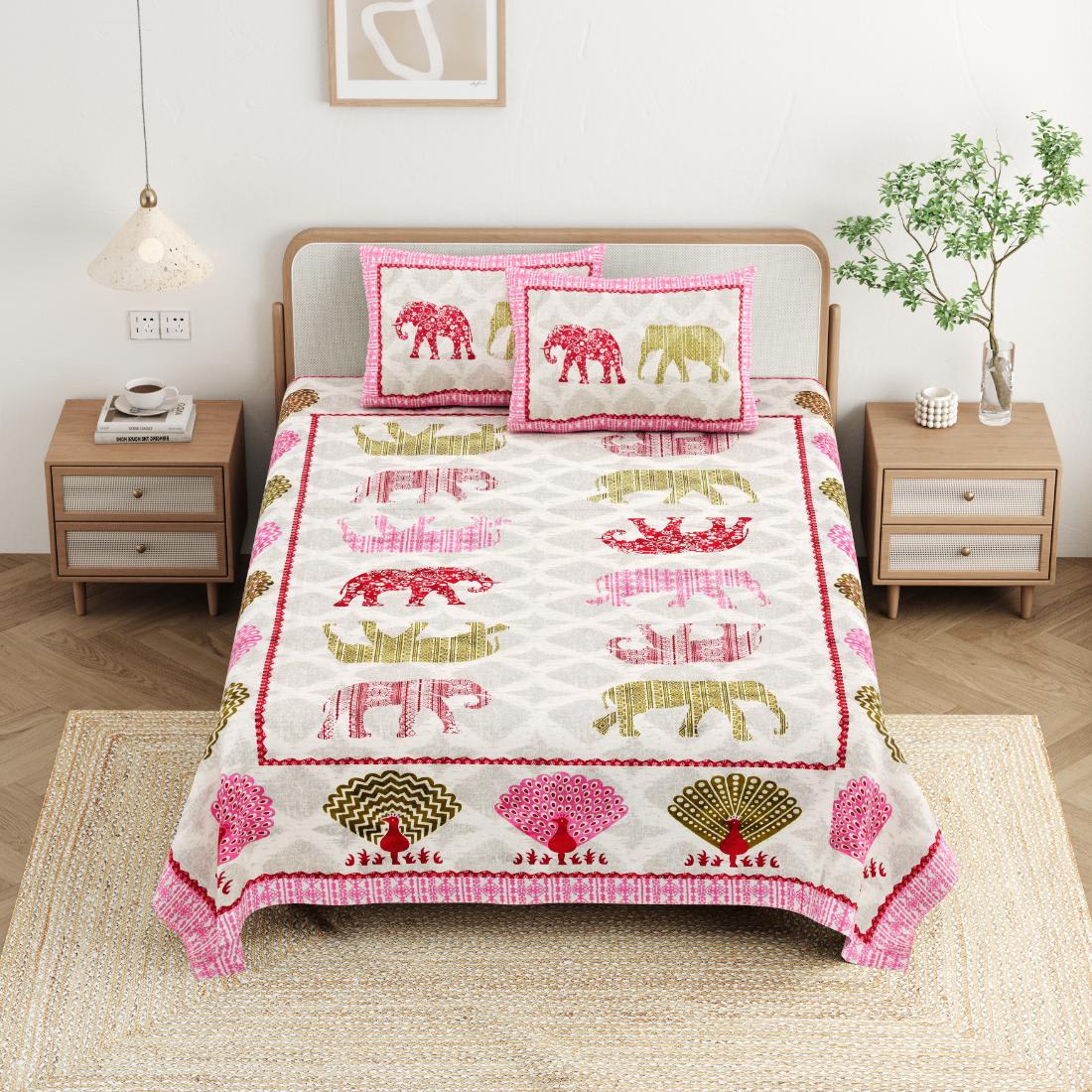 Cotton Jaipuri Diwan Size  Bedsheet With 2 Zipper Pillow Cover (Size 70*100)