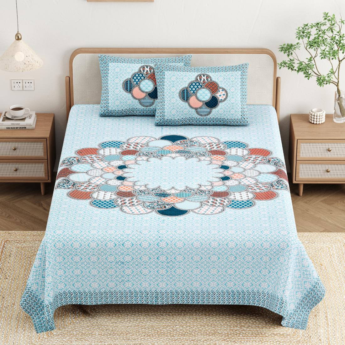 Cotton Jaipuri Diwan Size  Bedsheet With 2 Zipper Pillow Cover (Size 70*100)