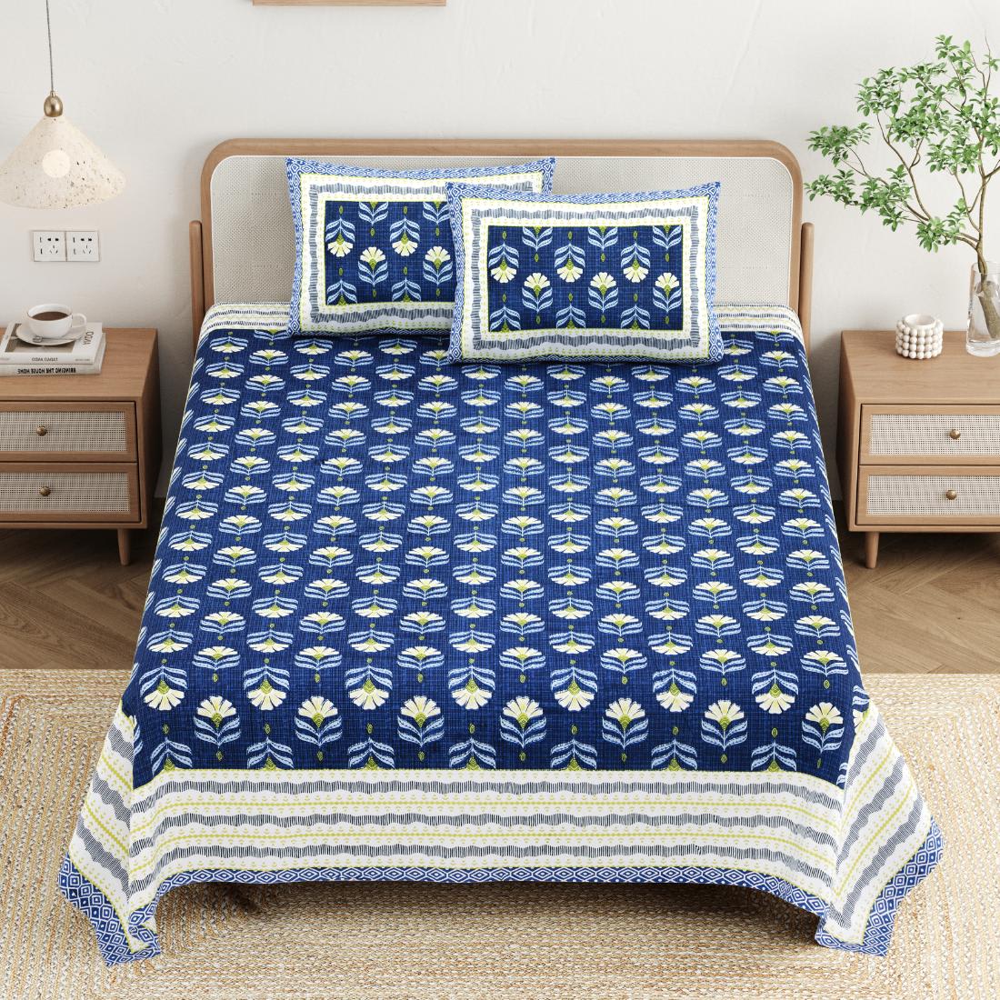 Cotton Jaipuri Diwan Size  Bedsheet With 2 Zipper Pillow Cover (Size 70*100)