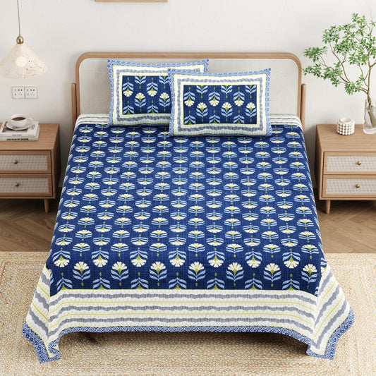 Cotton Jaipuri Diwan Size  Bedsheet With 2 Zipper Pillow Cover (Size 70*100)