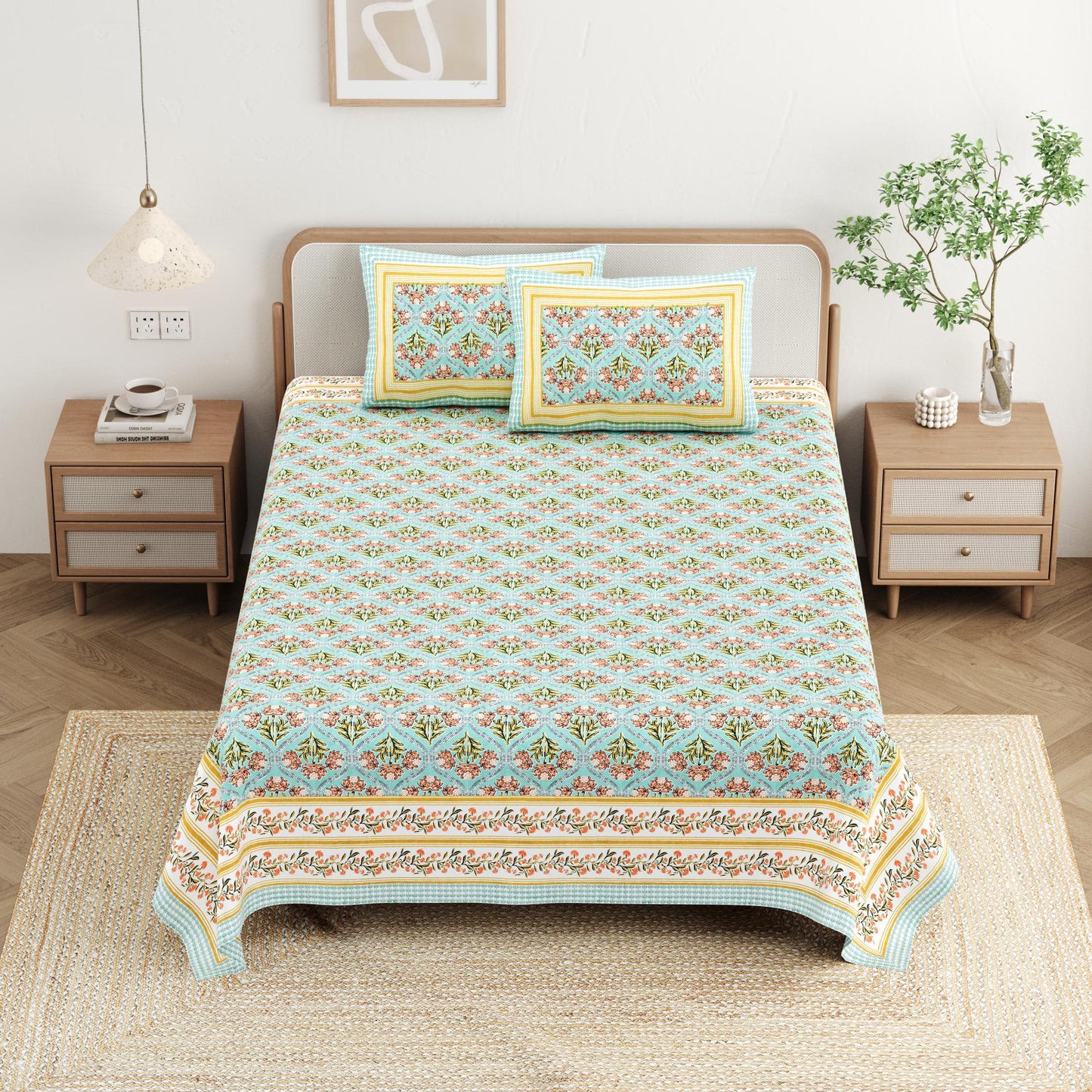 Cotton Jaipuri Diwan Size  Bedsheet With 2 Zipper Pillow Cover (Size 70*100)