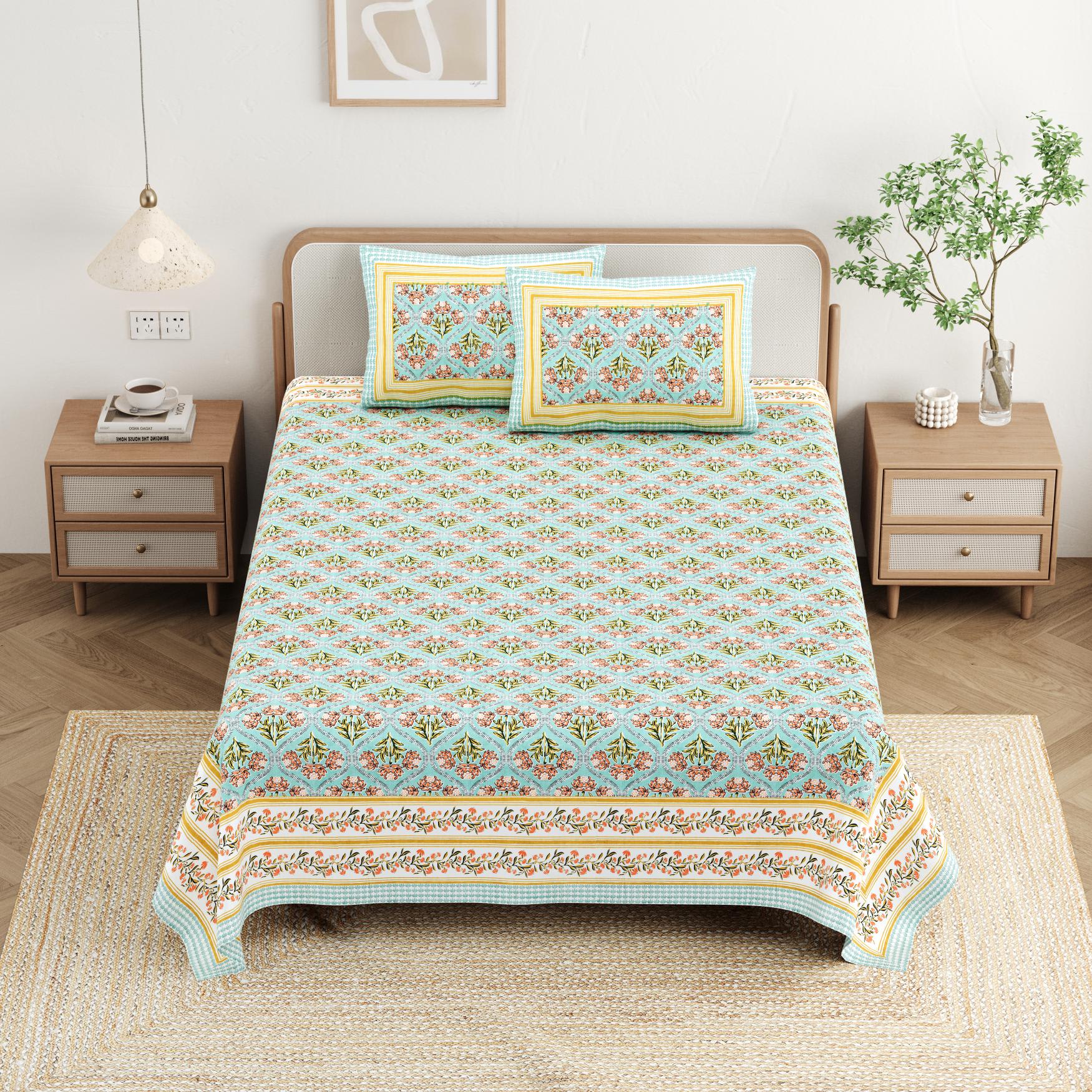 Cotton Jaipuri Diwan Size  Bedsheet With 2 Zipper Pillow Cover (Size 70*100)