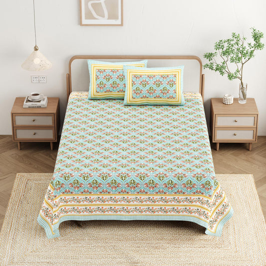 Cotton Jaipuri Diwan Size  Bedsheet With 2 Zipper Pillow Cover (Size 70*100)