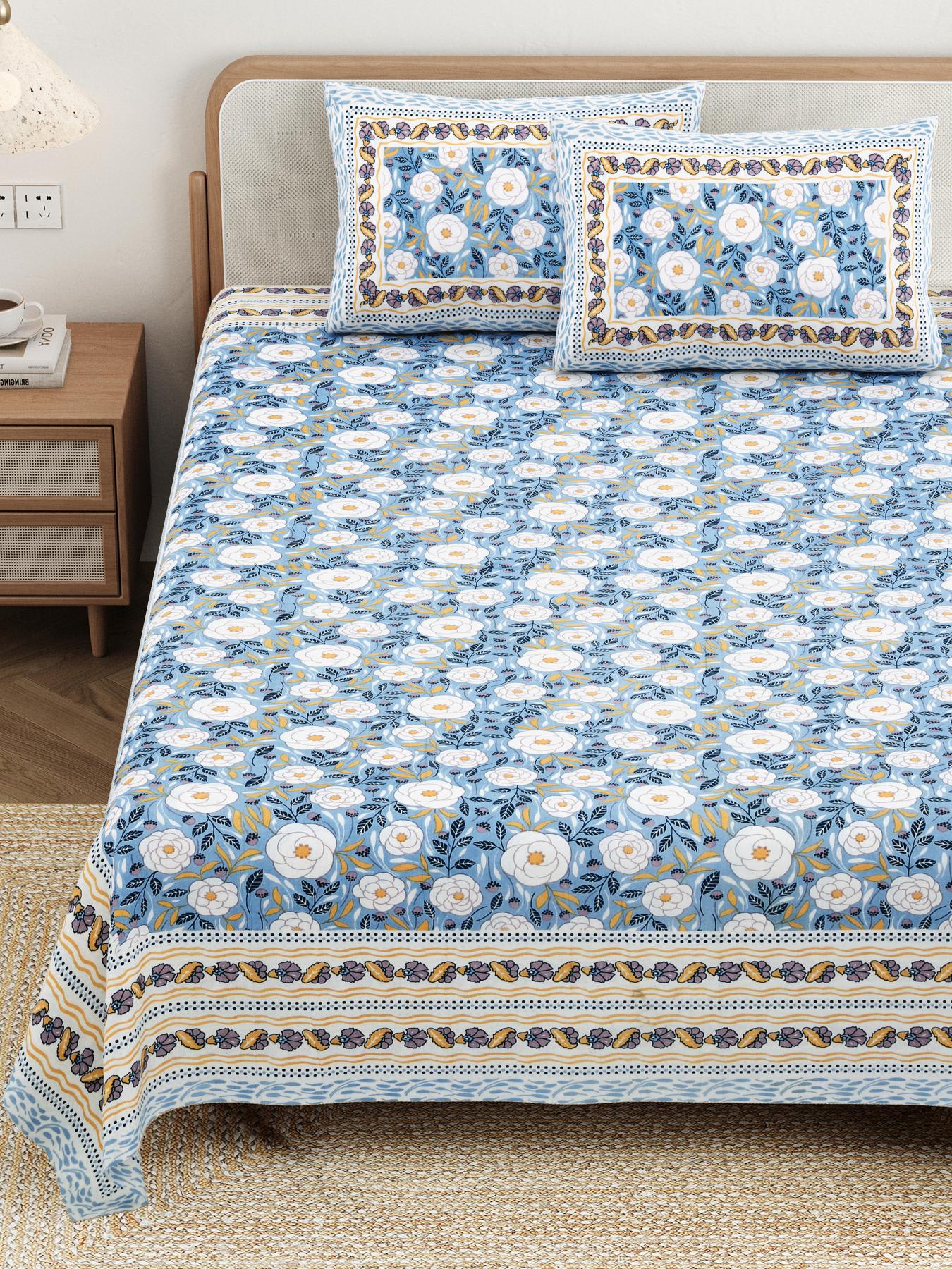 Cotton Jaipuri Diwan Size  Bedsheet With 2 Zipper Pillow Cover (Size 70*100)
