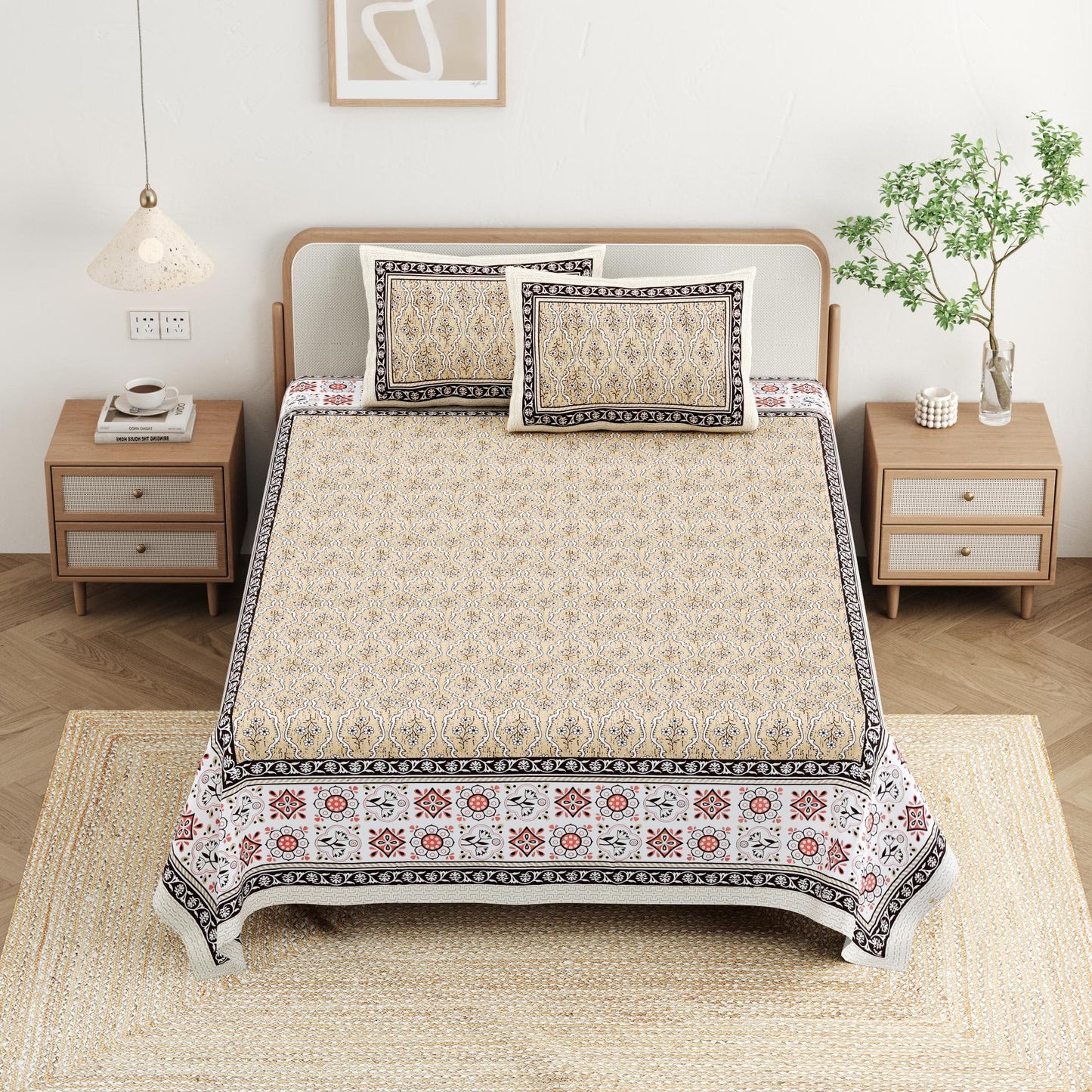 Cotton Jaipuri Diwan Size  Bedsheet With 2 Zipper Pillow Cover (Size 70*100)