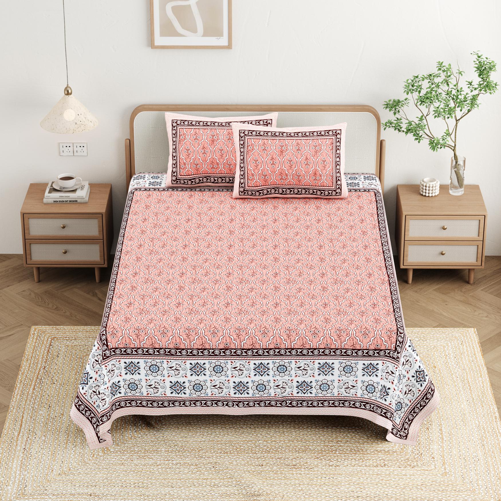 Cotton Jaipuri Diwan Size  Bedsheet With 2 Zipper Pillow Cover (Size 70*100)