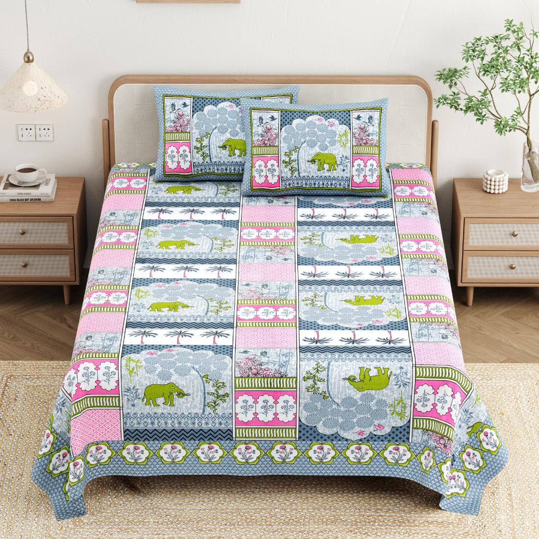 Cotton Jaipuri Diwan Size  Bedsheet With 2 Zipper Pillow Cover (Size 70*100)