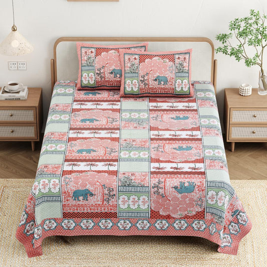 Cotton Jaipuri Diwan Size  Bedsheet With 2 Zipper Pillow Cover (Size 70*100)