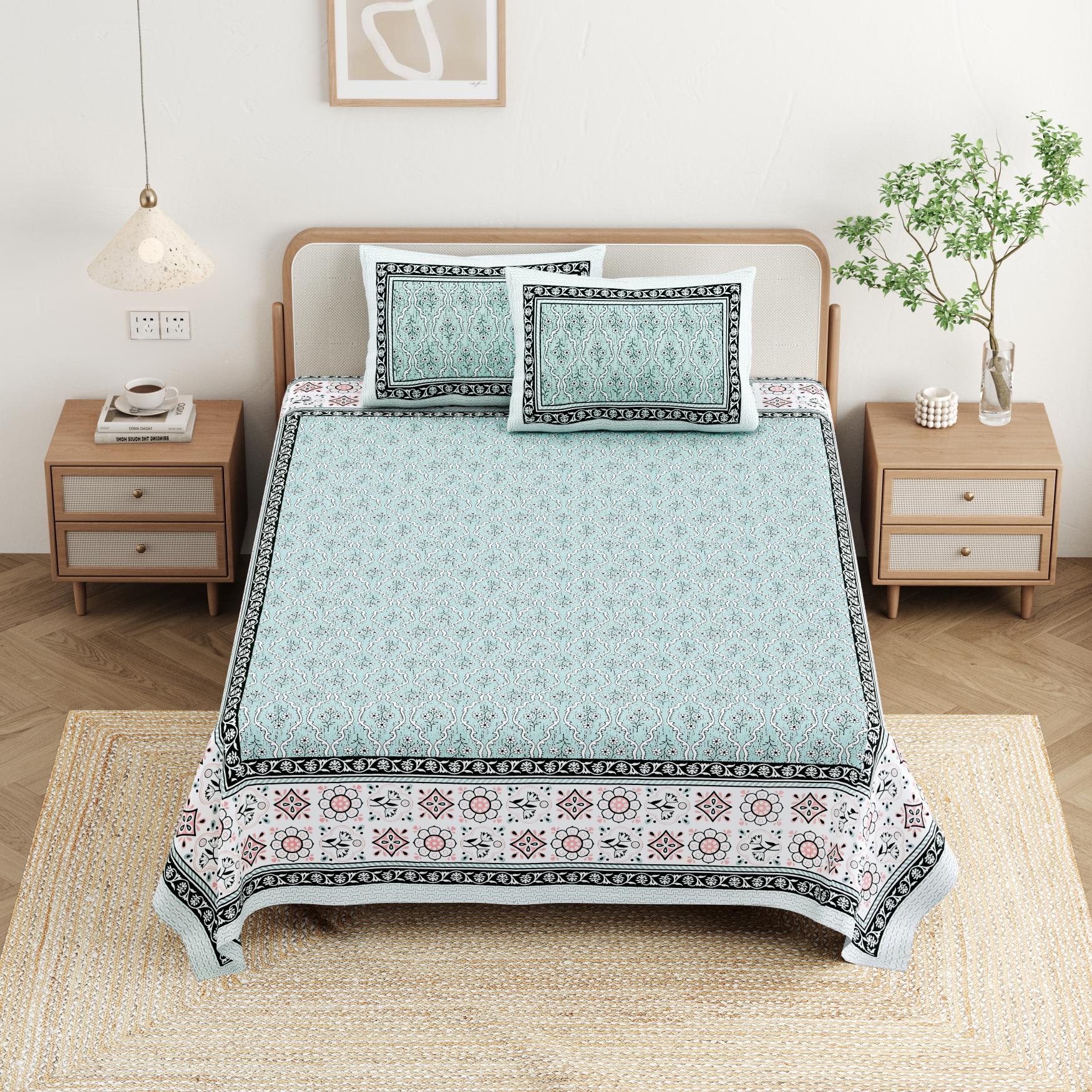 Cotton Jaipuri Diwan Size  Bedsheet With 2 Zipper Pillow Cover (Size 70*100)