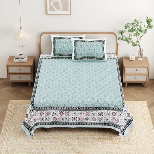 Cotton Jaipuri Diwan Size  Bedsheet With 2 Zipper Pillow Cover (Size 70*100)
