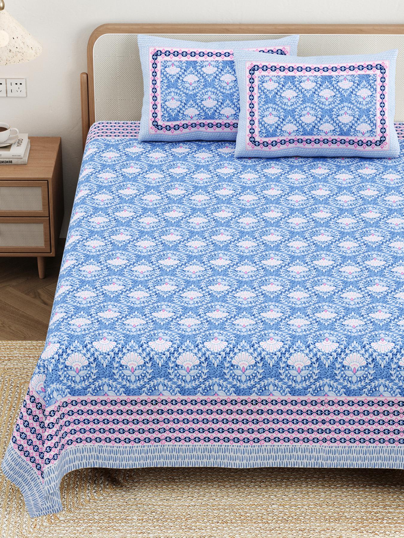 Cotton Jaipuri Diwan Size  Bedsheet With 2 Zipper Pillow Cover (Size 70*100)
