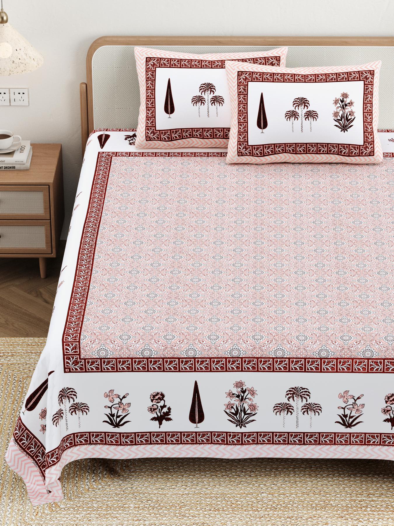 Cotton Jaipuri Diwan Size  Bedsheet With 2 Zipper Pillow Cover (Size 70*100)