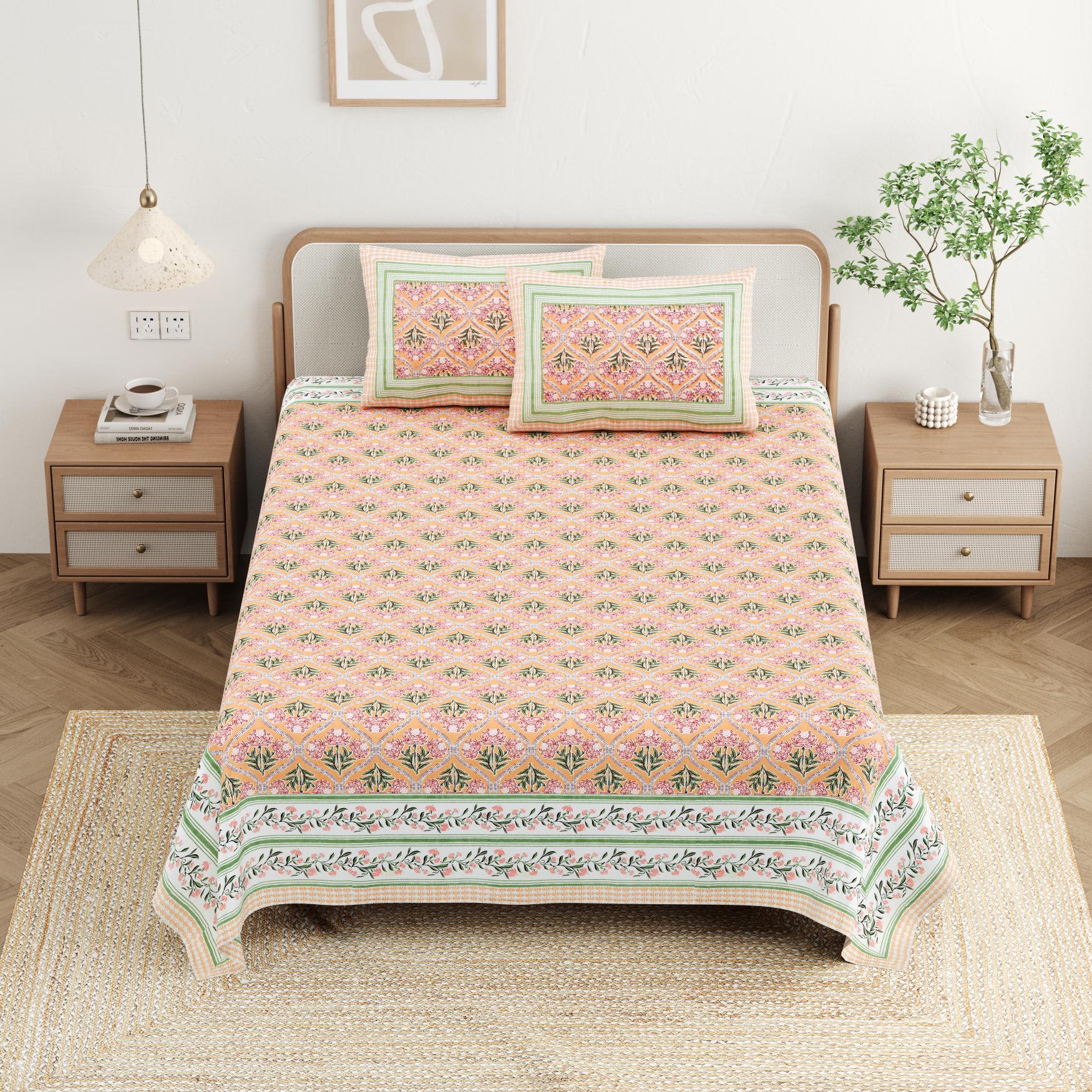 Cotton Jaipuri Diwan Size  Bedsheet With 2 Zipper Pillow Cover (Size 70*100)