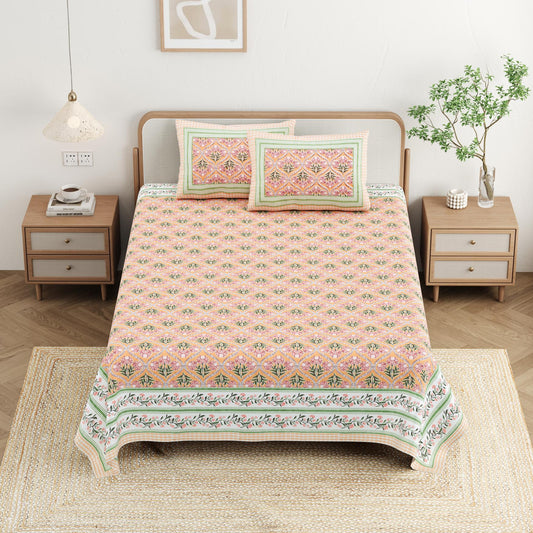 Cotton Jaipuri Diwan Size  Bedsheet With 2 Zipper Pillow Cover (Size 70*100)