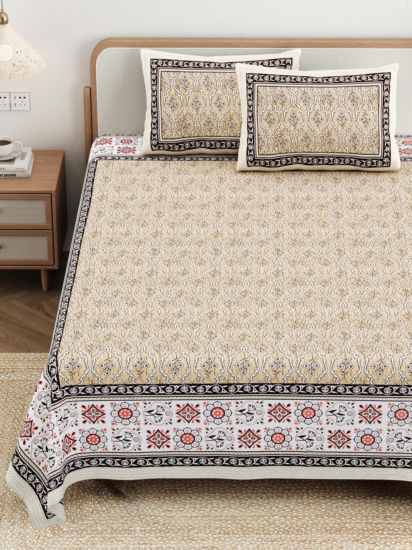 Cotton Jaipuri Diwan Size  Bedsheet With 2 Zipper Pillow Cover (Size 70*100)