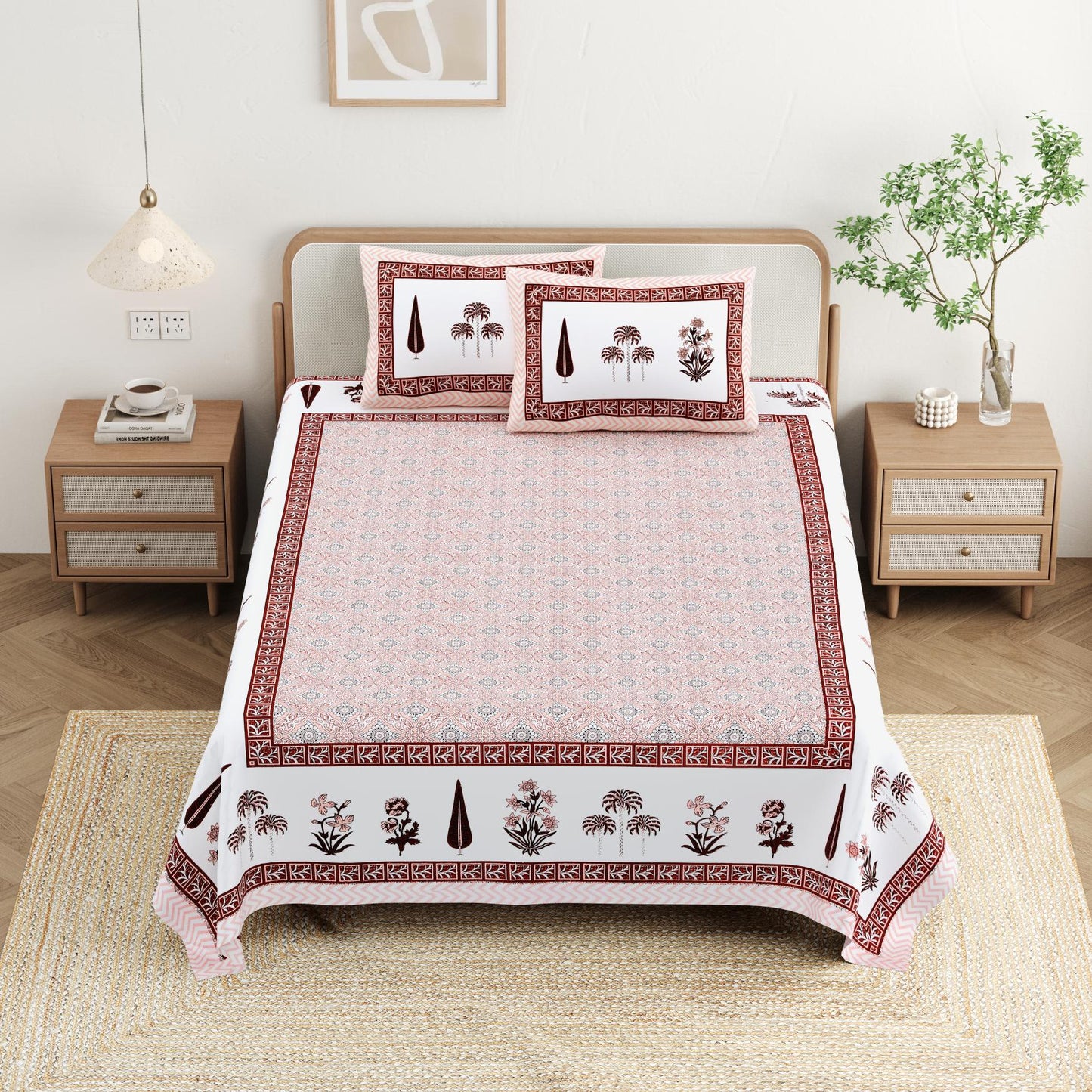Cotton Jaipuri Diwan Size  Bedsheet With 2 Zipper Pillow Cover (Size 70*100)