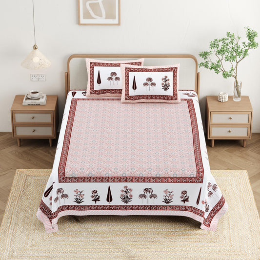 Cotton Jaipuri Diwan Size  Bedsheet With 2 Zipper Pillow Cover (Size 70*100)