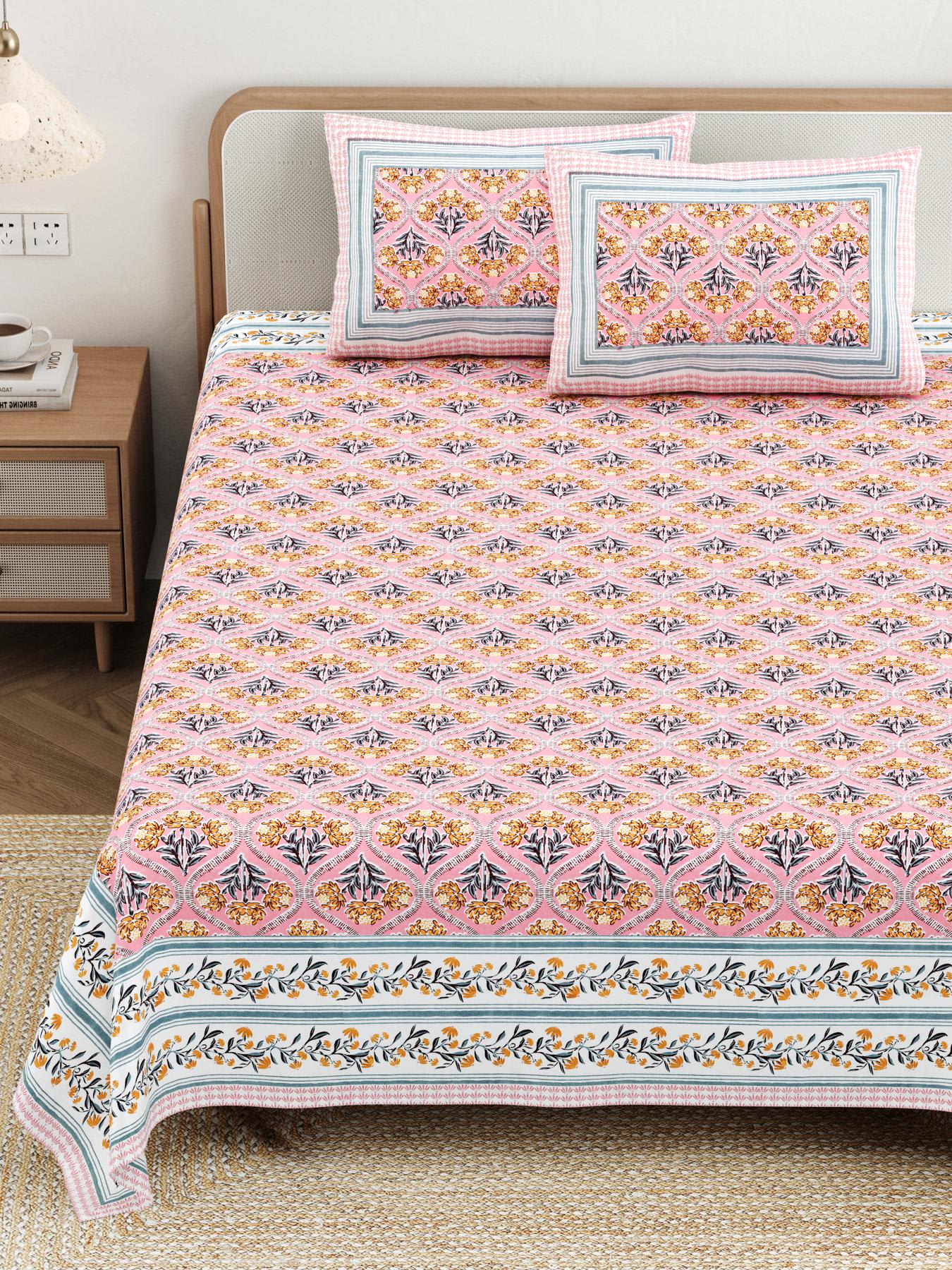 Cotton Jaipuri Diwan Size  Bedsheet With 2 Zipper Pillow Cover (Size 70*100)