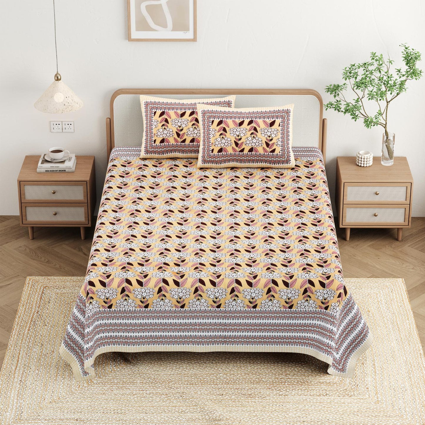 Cotton Jaipuri Diwan Size  Bedsheet With 2 Zipper Pillow Cover (Size 70*100)