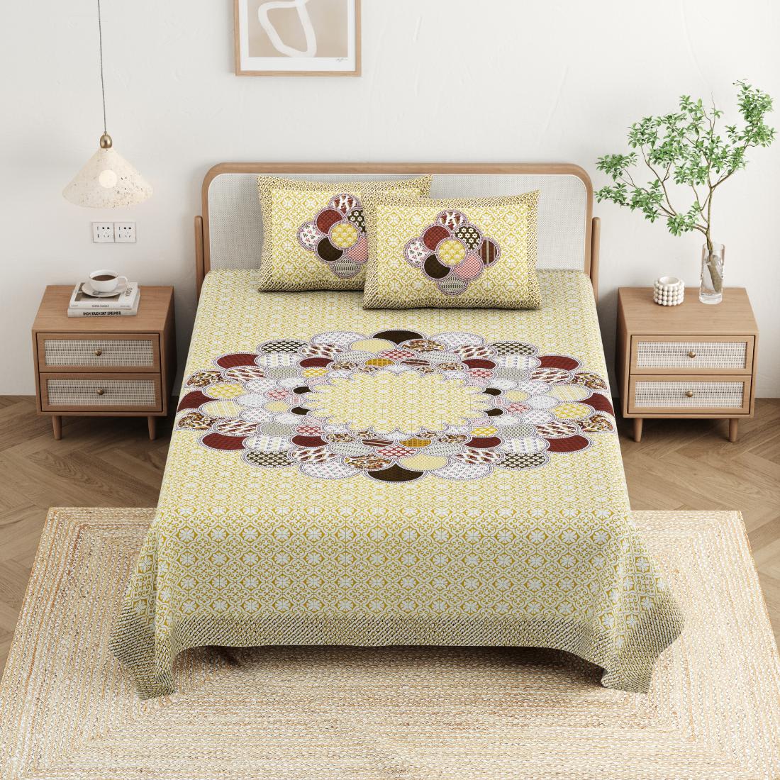 Cotton Jaipuri Diwan Size  Bedsheet With 2 Zipper Pillow Cover (Size 70*100)