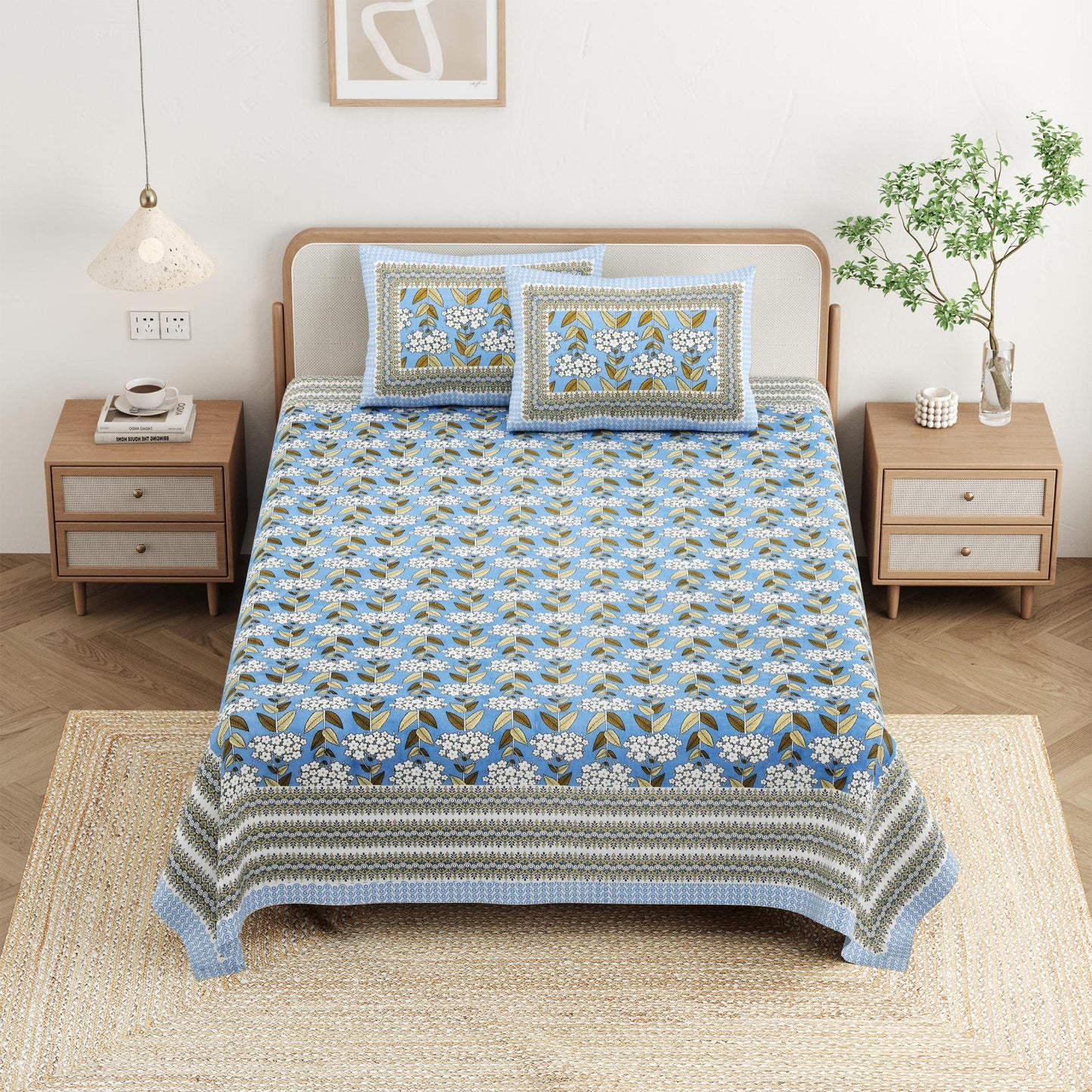 Cotton Jaipuri Diwan Size  Bedsheet With 2 Zipper Pillow Cover (Size 70*100)