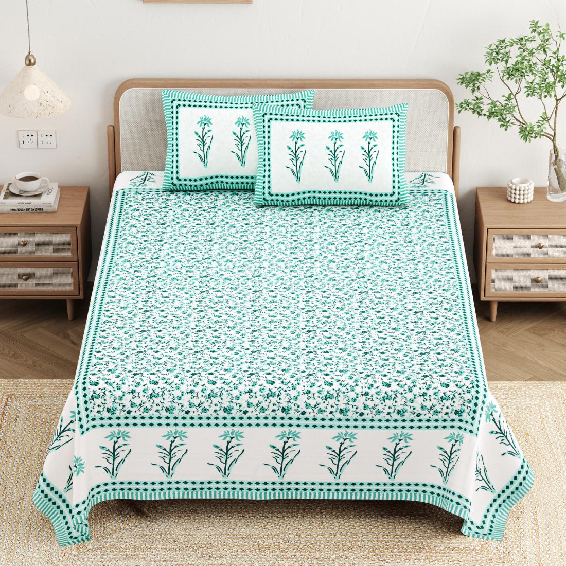 Cotton Jaipuri Diwan Size  Bedsheet With 2 Zipper Pillow Cover (Size 70*100)